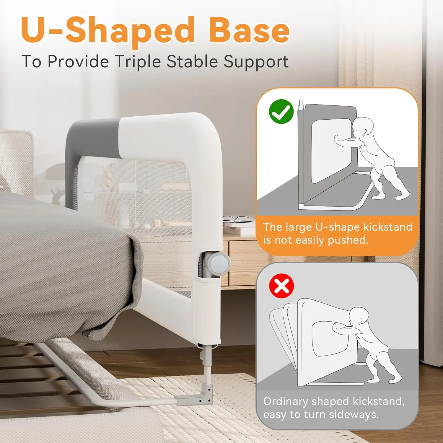 Protezione per binario letto pieghevole e stabile per bambini piccoli con base a U