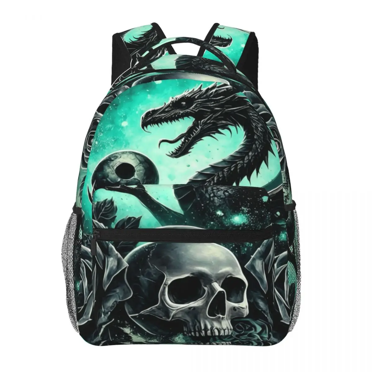 Punk Printed Backpack Center Dragon Skull Black Roses Ravens Dark Gothic Teal Green Black Gray Edgy Daypack for School Work Boys