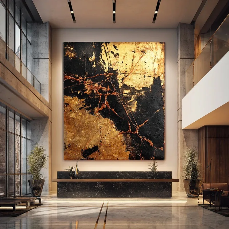 Impressionist Large Scale Black and Gold Abstract Painting Bold Strokes Heavy Textured Canvas Art for Corporate Reception Area