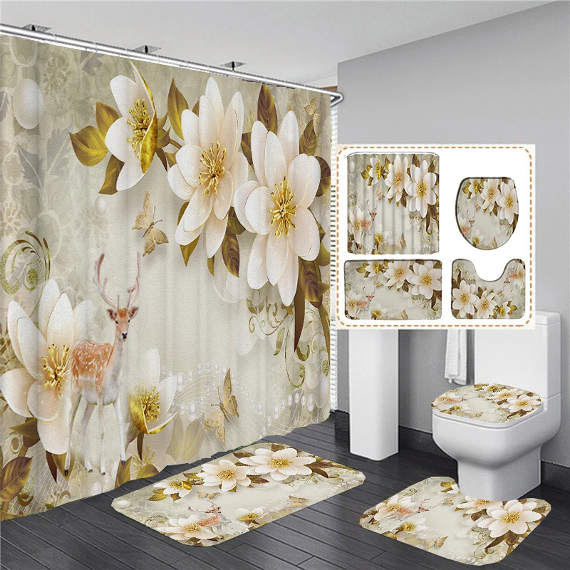 Elegant Bouquet of Fantastic Flowers 3D European Style Shower Curtain Bathroom Curtain and Bath Rug Carpet Set Floral Home Decor