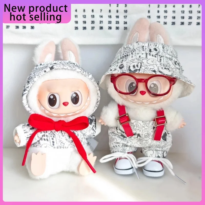 

Suitable for 17cm labubu Cloth trendy overalls graffiti printed casual set Dolls Clothes fisherman hat glasses Dolls Accessories
