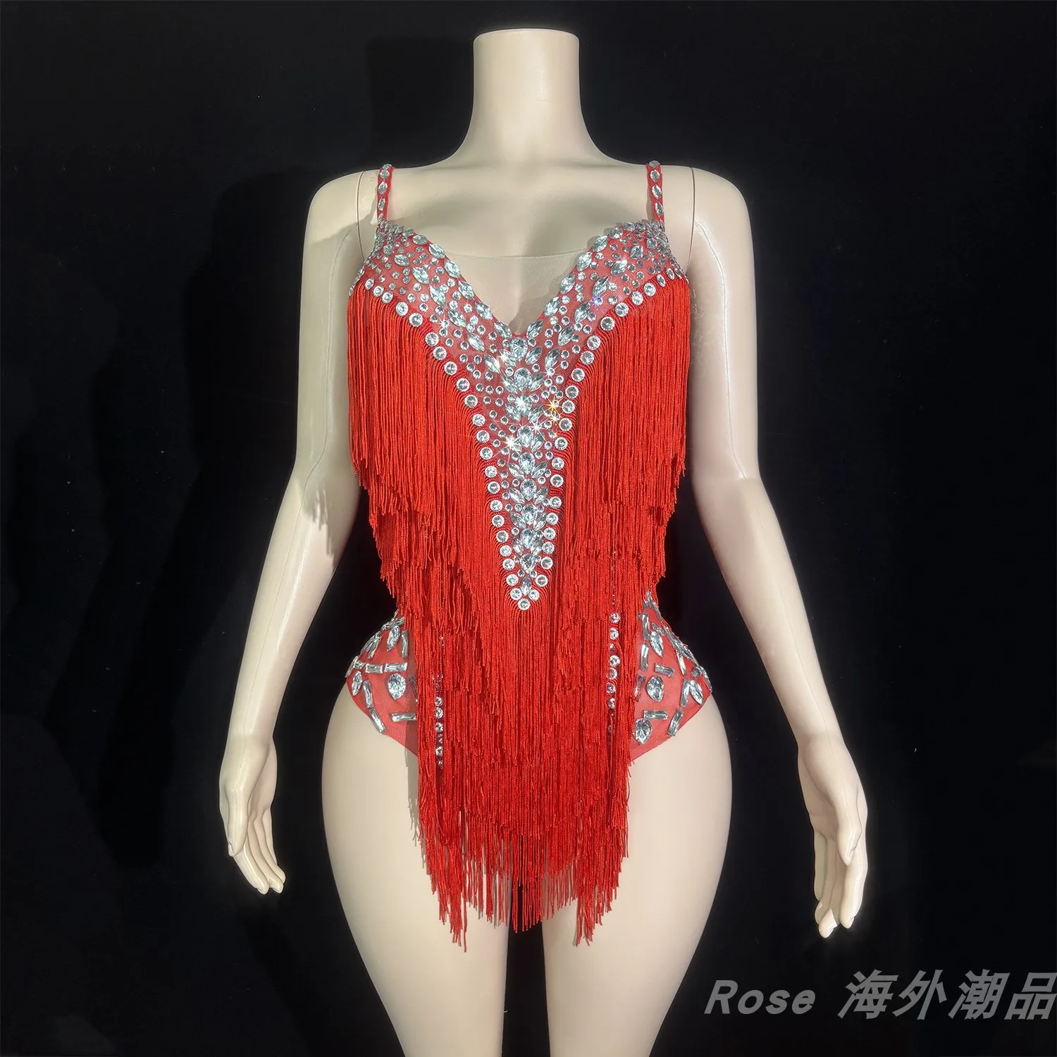 2025 Sexy Gogo danse Costume rouge frange strass body femmes discothèque Bar pôle danse vêtements Festival Rave vêtements yj025