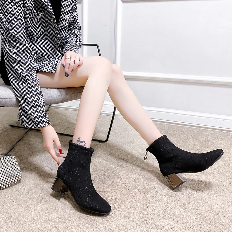 Elastic Sequined Cloth Women Sexy Sock Boots Autumn Metal Square Heels Ladies Office Shoes Party Pointed Black Female Ankle Boot