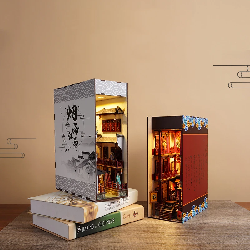 Diy Wooden Book Nook Shelf Insert Kits Miniature Tavern Alley Bookends Chinese Town Doll Houses Bookshelf Gifts Home Decoration