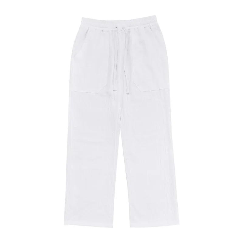

Cross-border Four Seasons Linen Men's Casual Pants Hip Hop Drawstring Loose Wide Leg Straight Pants Men