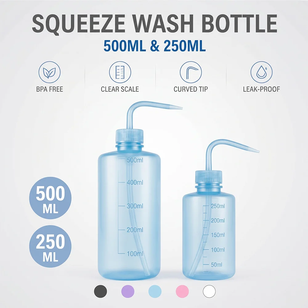 250ml/500ml Tattoo Squeeze Wash Bottle Graduated Scale 5 Colors Plastic Tattoo Cleaning Rinse Bottle for Tattoo Studio Supplies