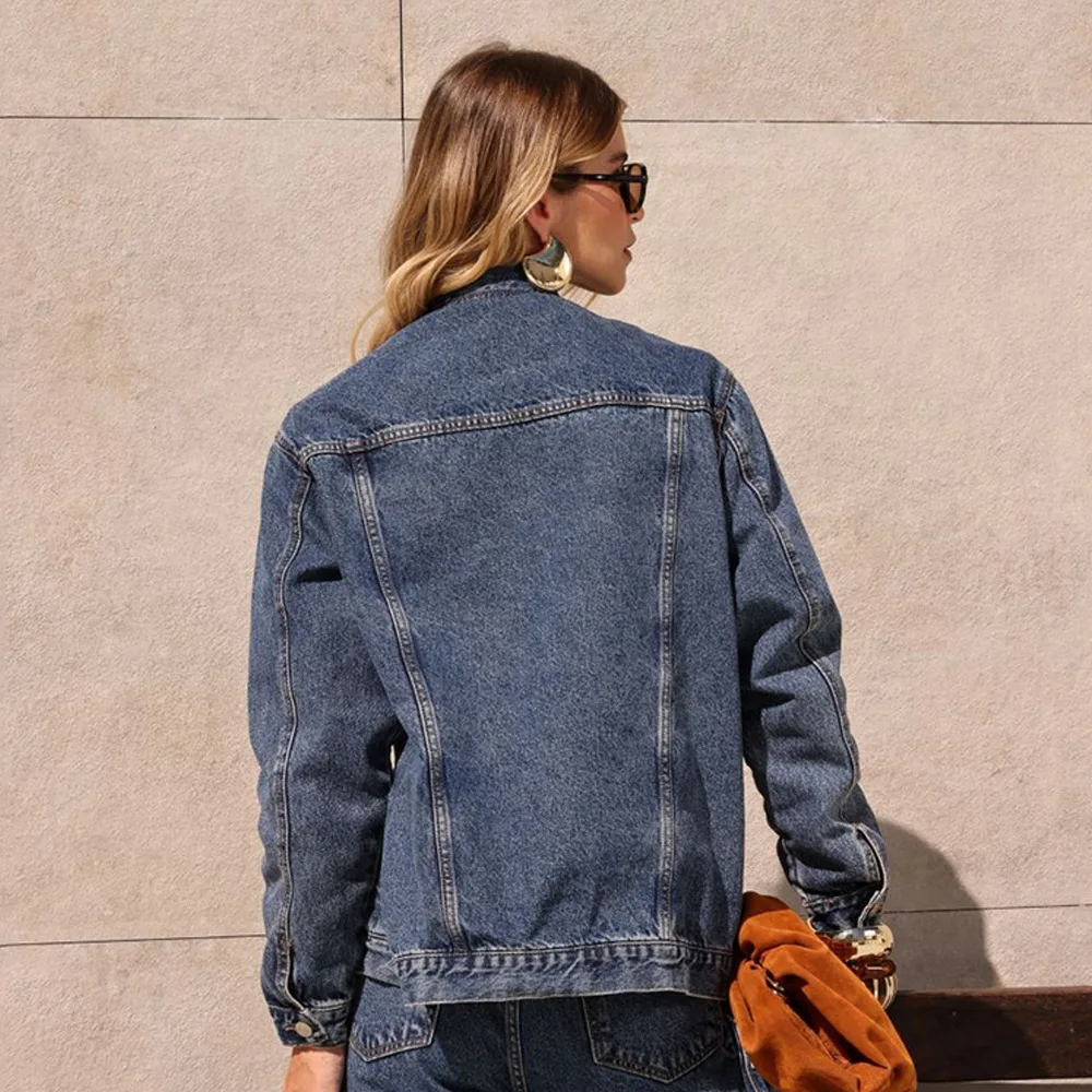 Vintage Dark Blue Denim Jacket Women Fall New Notch Lapel Loose Jean Coat view 4