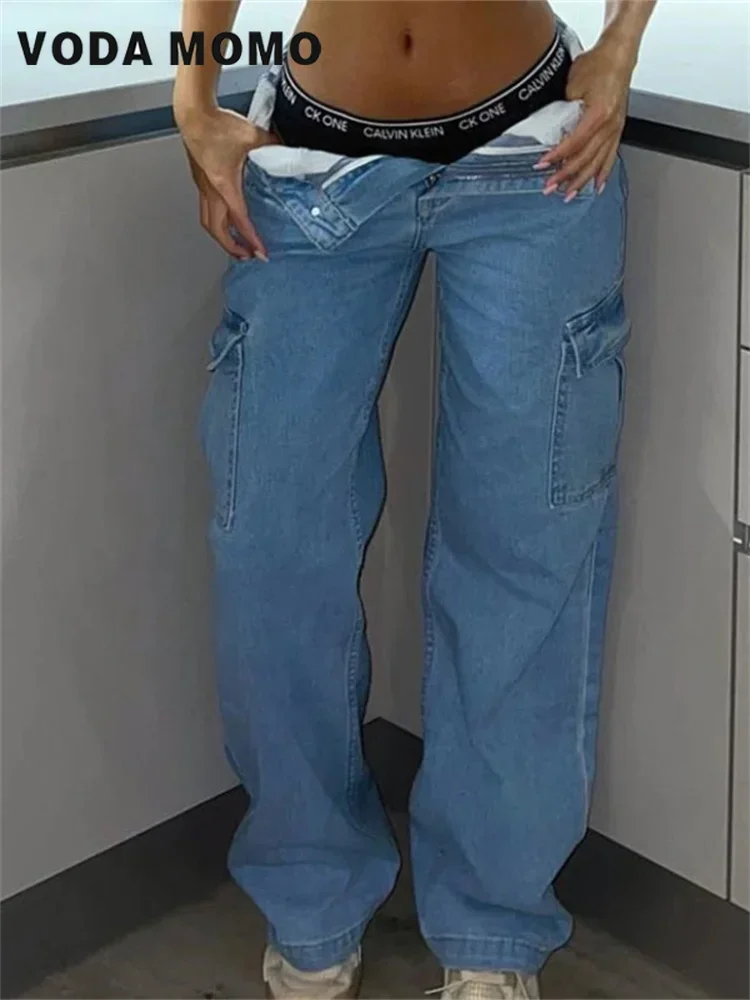 Casual Baggy Pants Slim Vintage Y2k Streetwear Elastic Wide Leg Trousers Fashion Jeans Straight Leg Cargo Pants Women High Waist