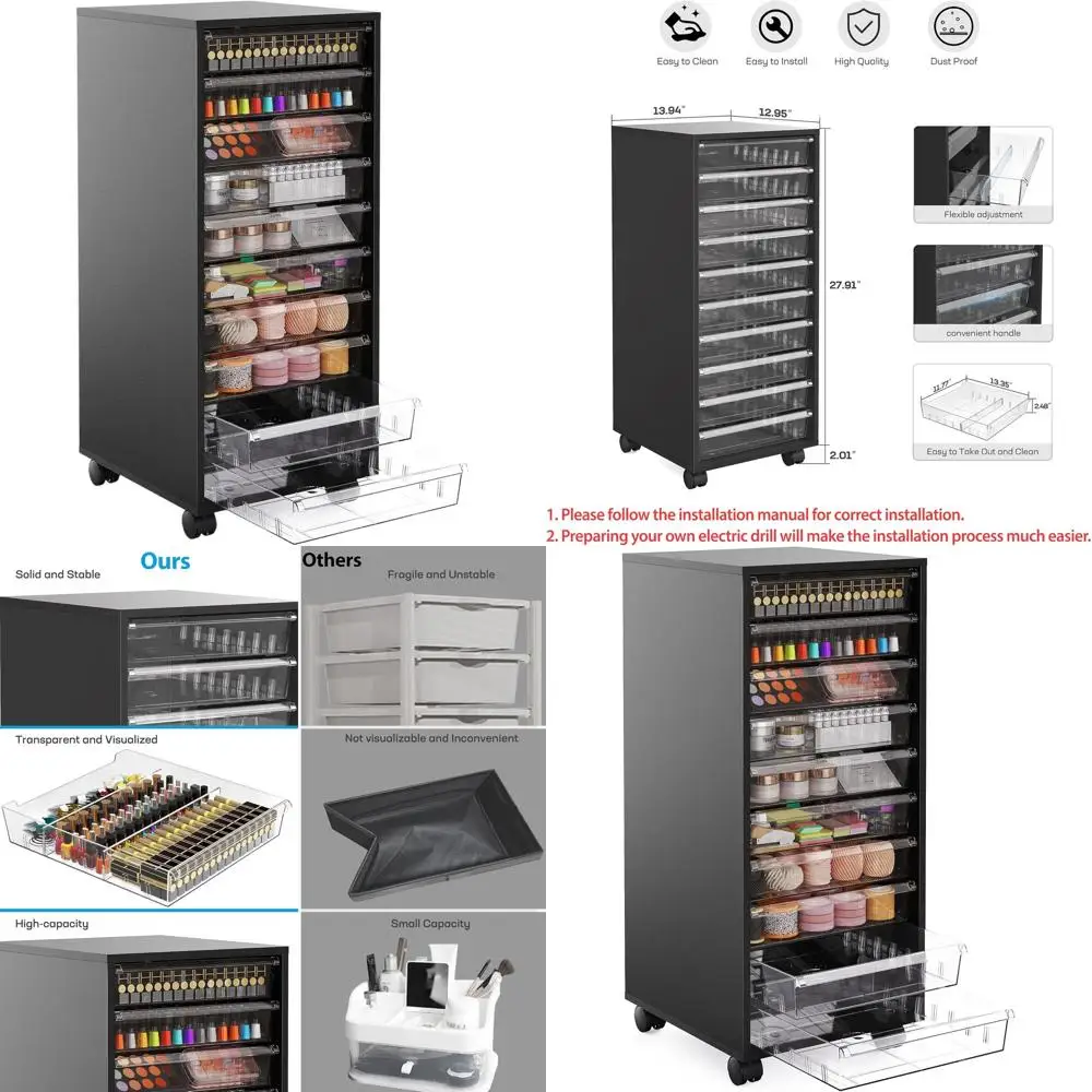 

Rolling Storage Cart with 10 Clear Drawers for Makeup, Crafts, Office, and Toys - Black