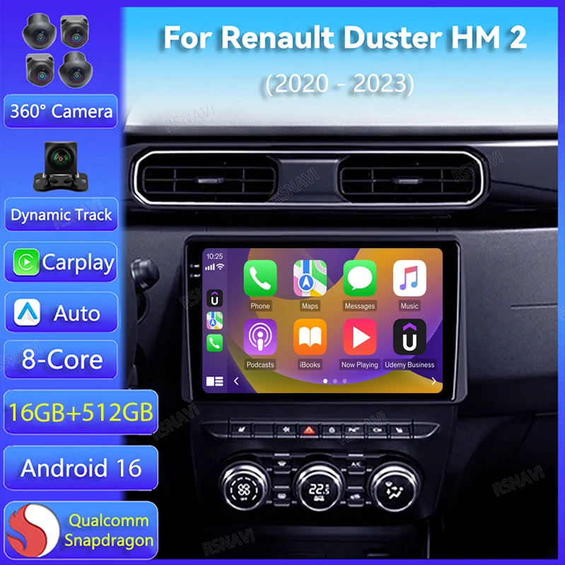 Android 16 Carplay Auto para Renault Duster HM 2 2020 2021 - 2023 Rádio de Carro com Navegação e Reprodutor de Vídeo com Tela 2K Estéreo Multimídia