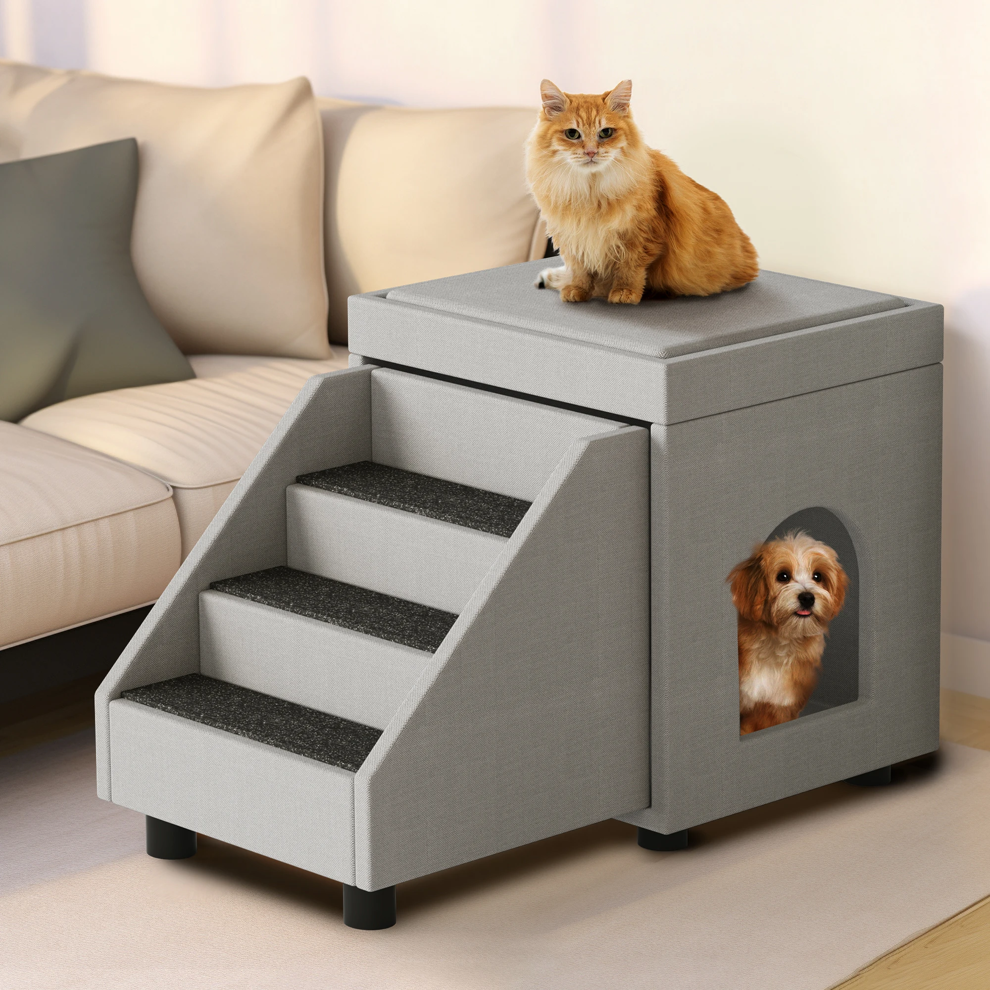 Foldable Pet Stairs Steps Ramp Ladder for Small Dogs and Cats w/ Storage & Condo