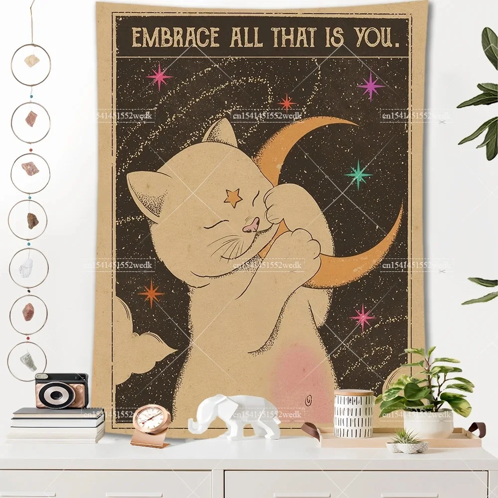 Sun Moon Tarot Tapestry Wall Hanging Boho Tarot Cat Kawaii Room Decor Psychedelic Hippie Tapestry Kids Room Bedroom Art Posters
