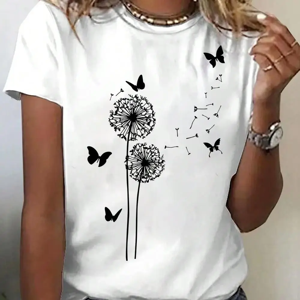 Selamara Dandelion Butterfly Pattern Round Neck Short Sleeve Casual T-Shirt Graphic Tees Women Tops