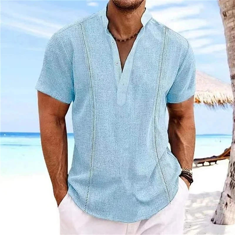 Summer Striped 3D Printed Henley Shirts Men\'s Fashion Oversized Button Stand Collar Short Sleeve T Shirt Tees Tops Man Clothing