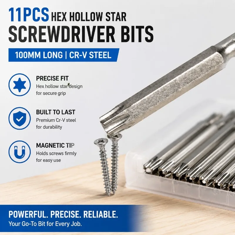 11PCS 100mm Hollow Torx Screwdriver Bits Hex Hollow Star Bit Set Electric Screwdriver Tips Magnetic Security Torx Driver Bits