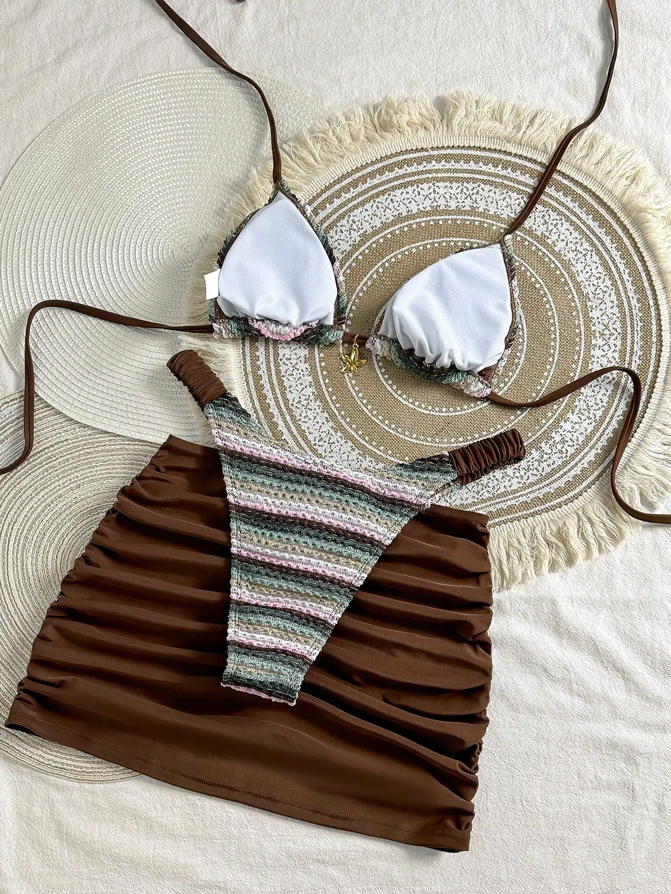 

Women's Striped Knit Triangle Bikini Set With Ruched Cover-Up Skirt