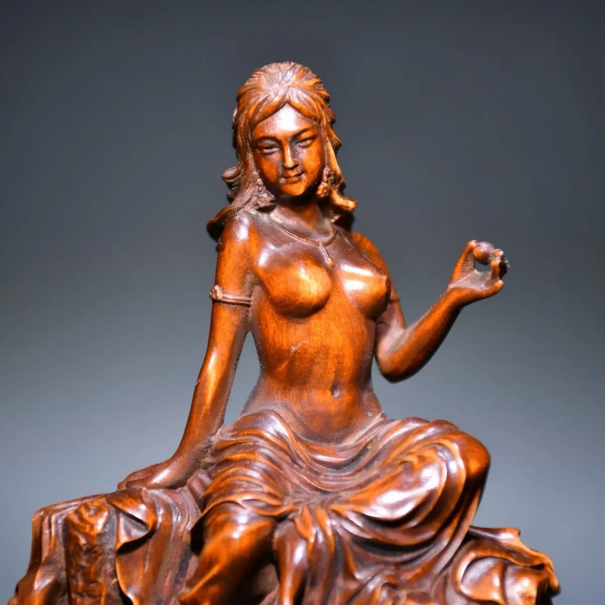 Hand Carved Wood beautiful pipa woman seated on a mountain Statue Figurine Desktop Ornaments Home Decoration Crafts