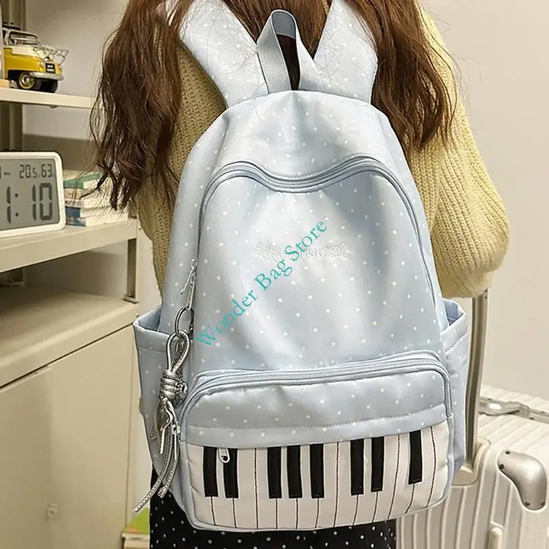 Student Dotted School Backpack with Piano Pattern Front Pocket Women Casual Large Capacity Bookbag for Travel Daily Use