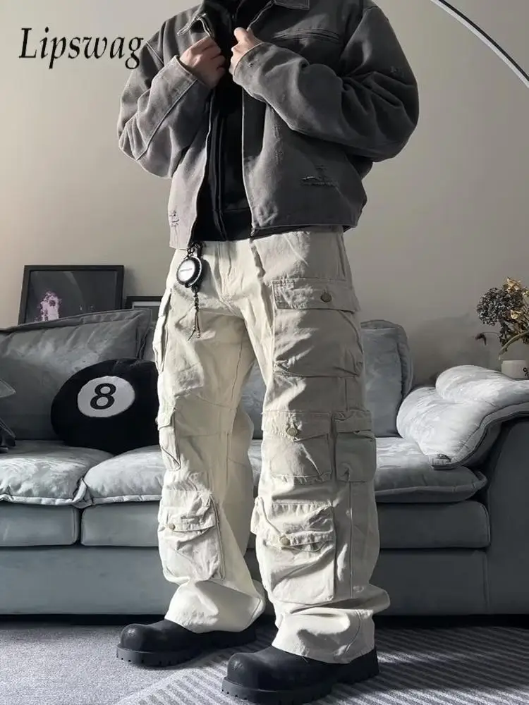 

Мужские джинсовые брюки-карго прямого кроя в винтажном стиле, однотонные, свободные, повседневные, весна 2026