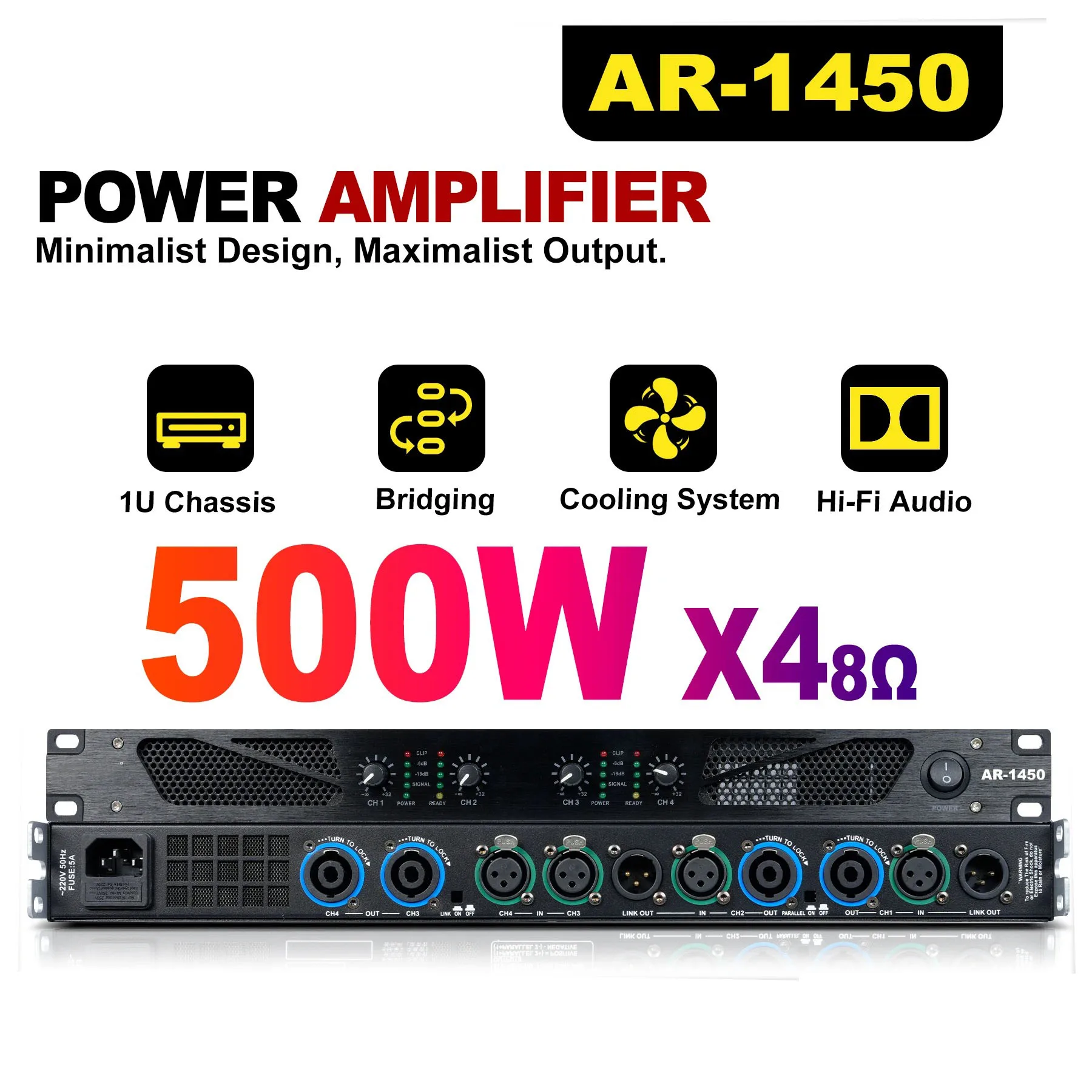 Профессиональный усилитель мощности 500 Вт*2/4-канальный стереофонический аудиоусилитель 8 Ом с THD 0,005% для KTV, сцены, домашнего кинотеатра