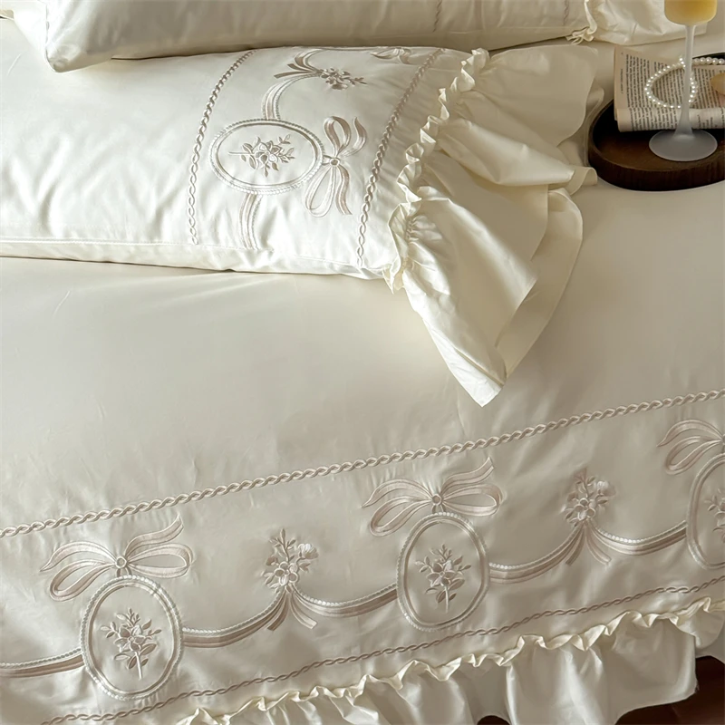1000TC Egyptian Cotton Flowers Embroidery Luxury Bedding Set Double Queen King Size Duvet Cover Flat/Fitted Sheet Pillowcases