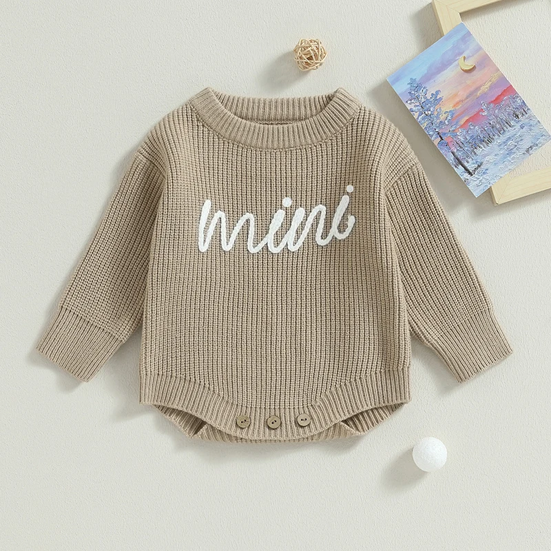 Lioraitiin 0-24M Baby Boys Girls Sweater Rompers Letter Embroidery Crew Neck Long Sleeve Jumpsuits Infant Clothes Knit Bodysuits