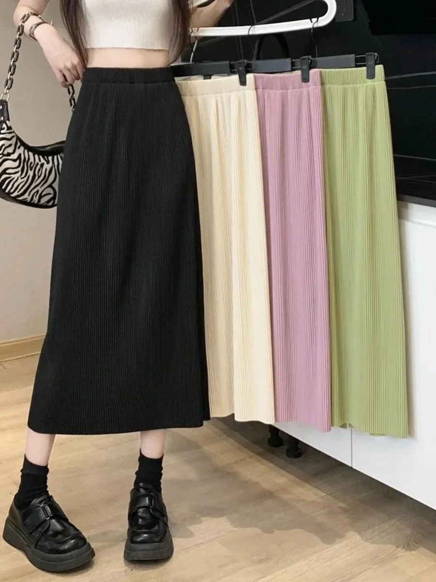 Übergröße Hochtaillierter Lässiger A-Linien-Rock mit Schlitz für Damen, Lockerer Hüftbedeckender Überknielanger Rock für den Sommer