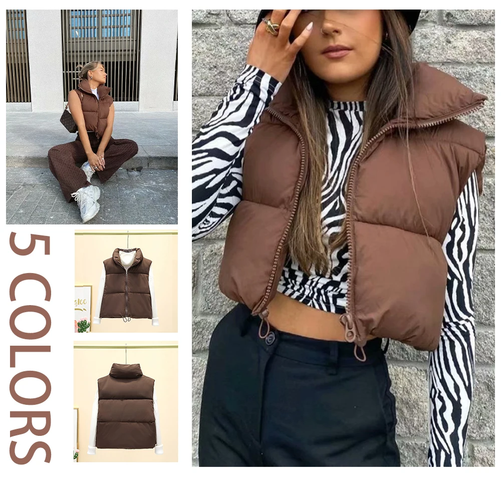 

2024 autumn vest, fashionable sleeveless high street outfit, women's casual solid color stand up collar zipper cotton jacket