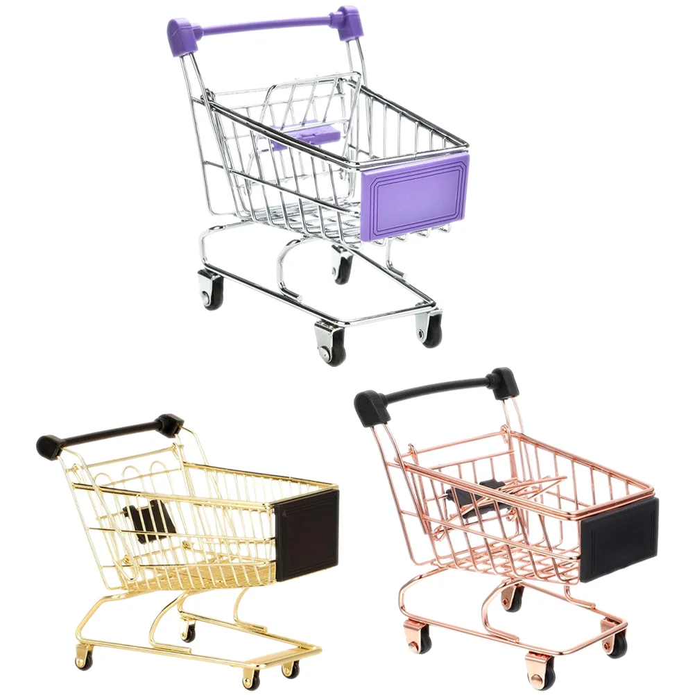3 Pcs Mini Shopping Cart Supermarket Toy Desk Miniature Trolley Storage Makeup Sponge Holder Blender