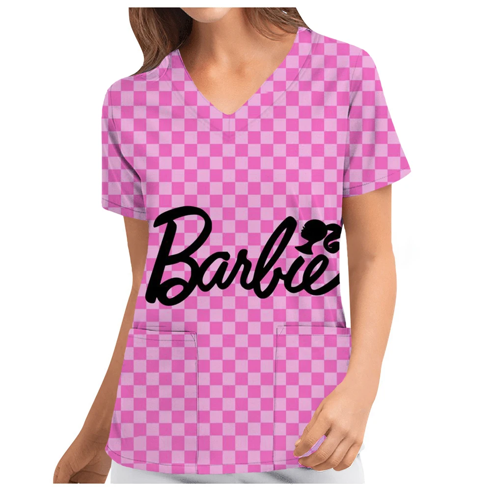 Barbie Princess print Surgical Uniforms Woman Scrub V-Neck Short Sleeves Tops Women's Medical Uniforms Vet Clinical Uniforms