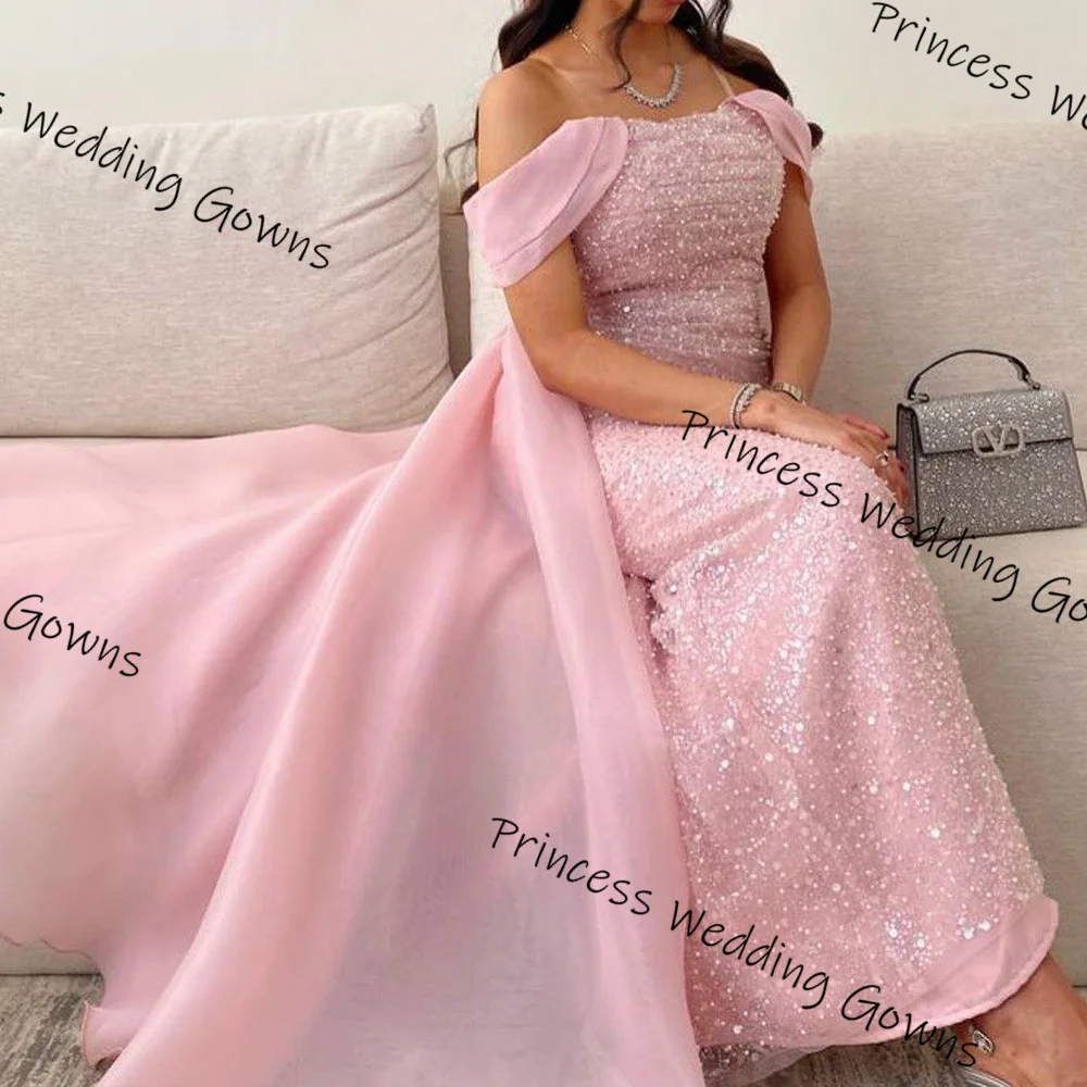 Customized elegant Pink Bow Chiffon Sweep Train Prom Dresses Off the shoulder Sequined ornament Sleeveless Weeding Guest Dresses