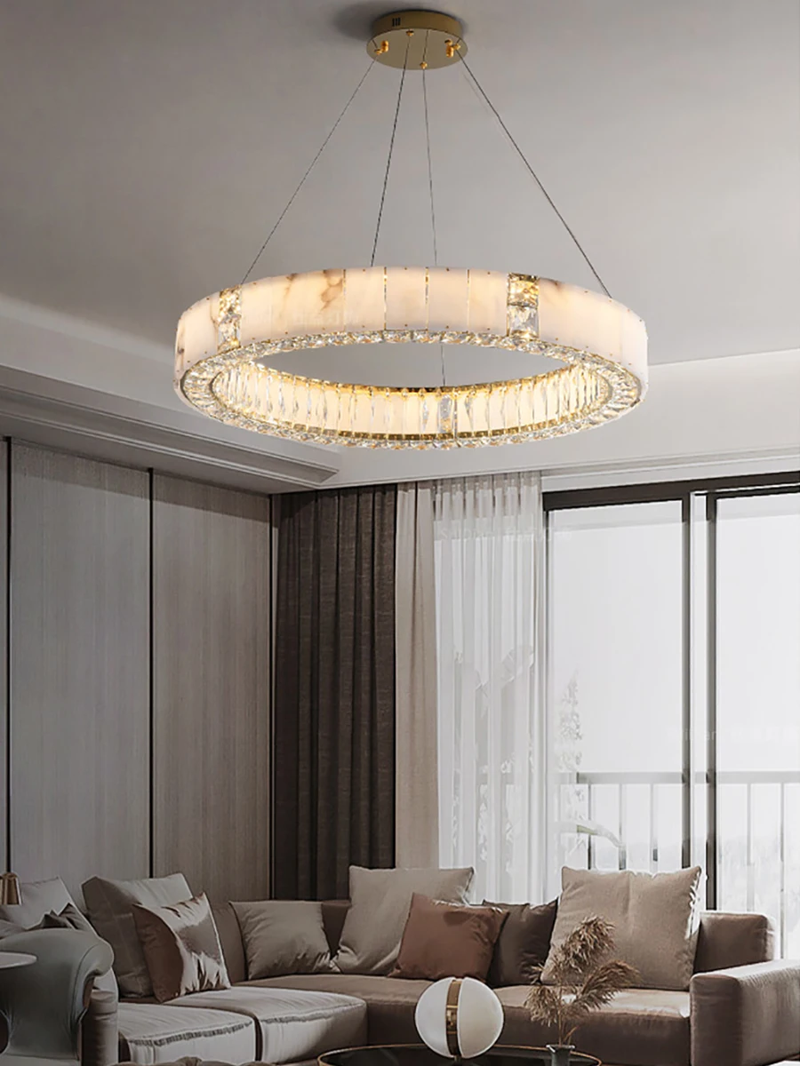 2024 Modern Clear Crystal Mixed Natural Marble Chandelier Led Lighting Luxury Dining Room Decoration Hanging Lamps for Ceiling