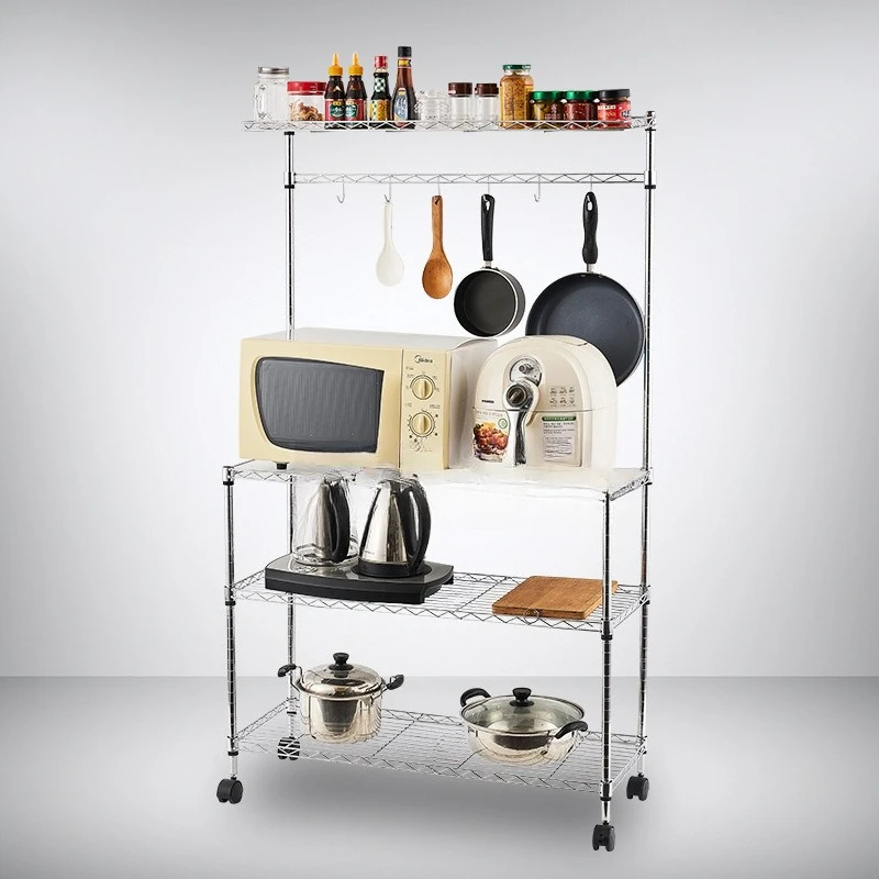 

Floor-to-ceiling mobile kitchen storage rack Microwave oven rack Chrome-plated carbon steel four-layer kitchen oven rack