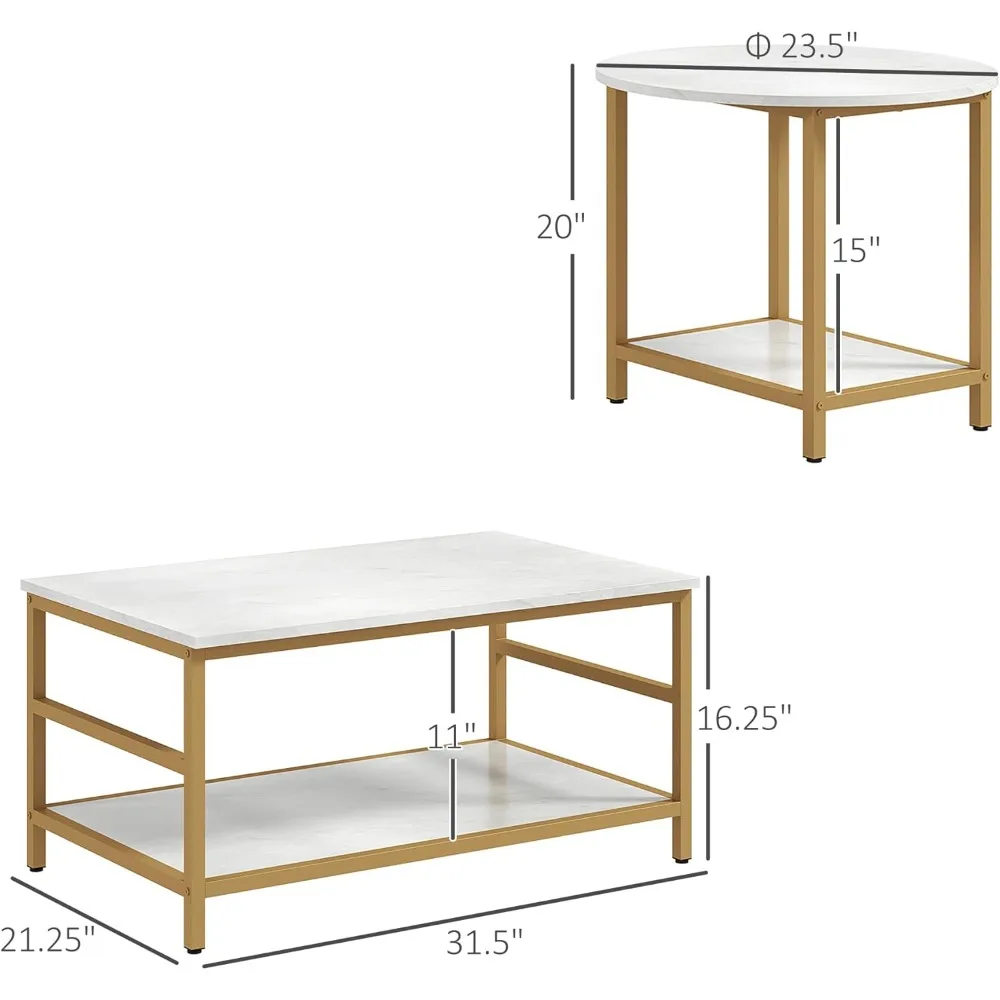Coffee Tables Set of 2, 2-Rier Rectangle and Round Coffee Table with Storage Shelves, Faux Marble Top and Steel Frame, So