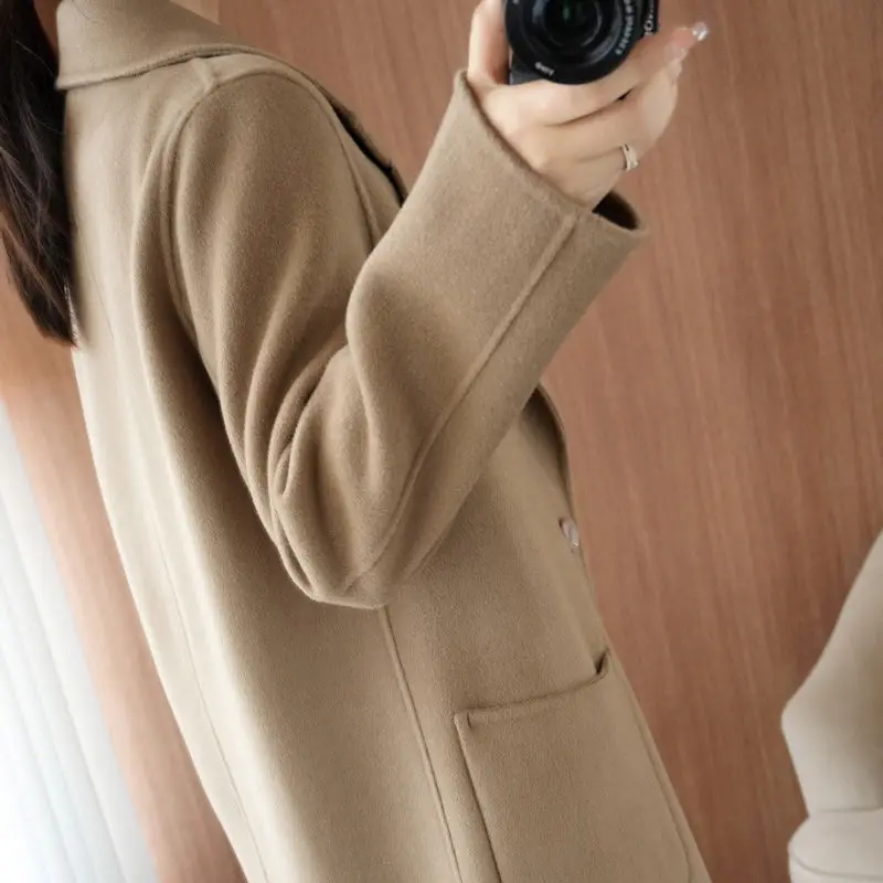 

Двустороннее искусственное пальто из 100% чистой шерсти, среднее и длинное пальто, женское облегающее боди с текстурой в иностранном стиле