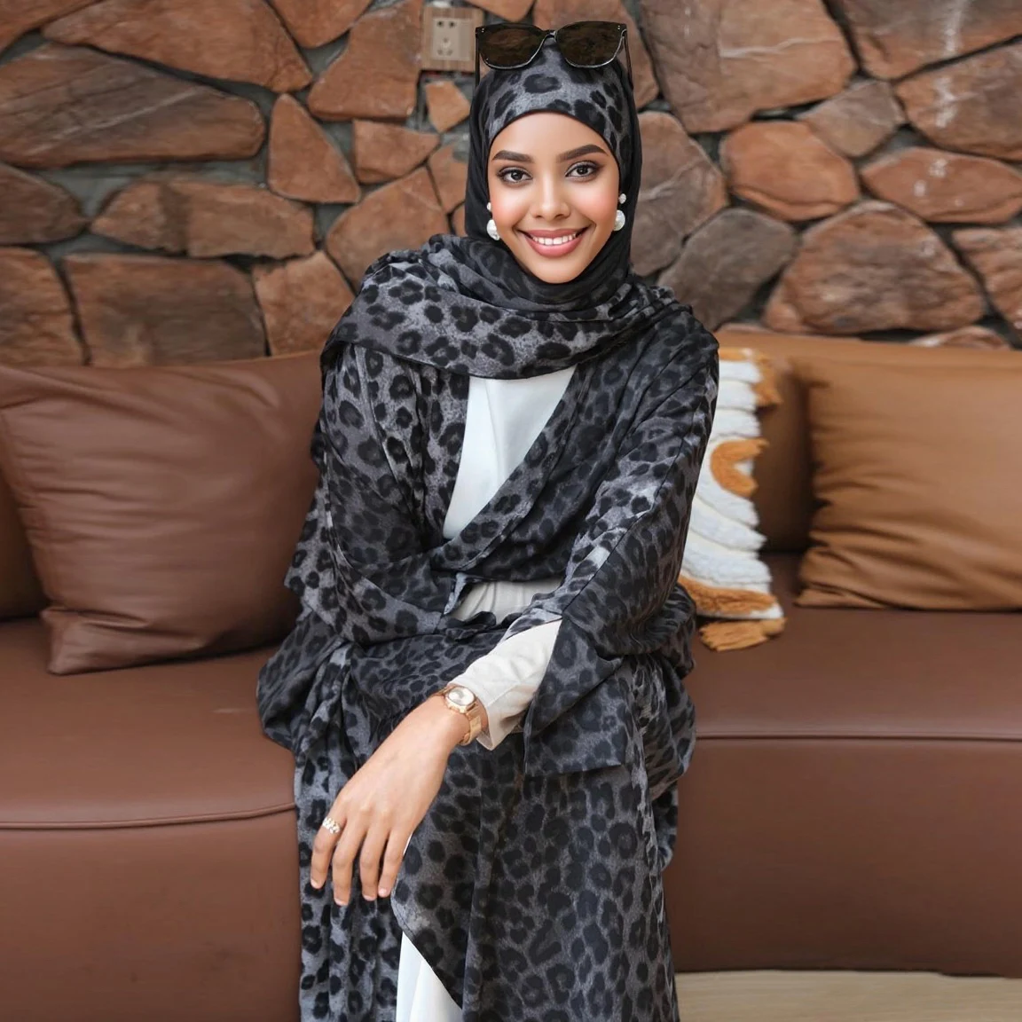 

Summer Leopard Printed Muslim Abaya for Women, Batwing Sleeves Hijabi Outwear Kimono Abaya, Dubai Turk Modest Islamic Clothing