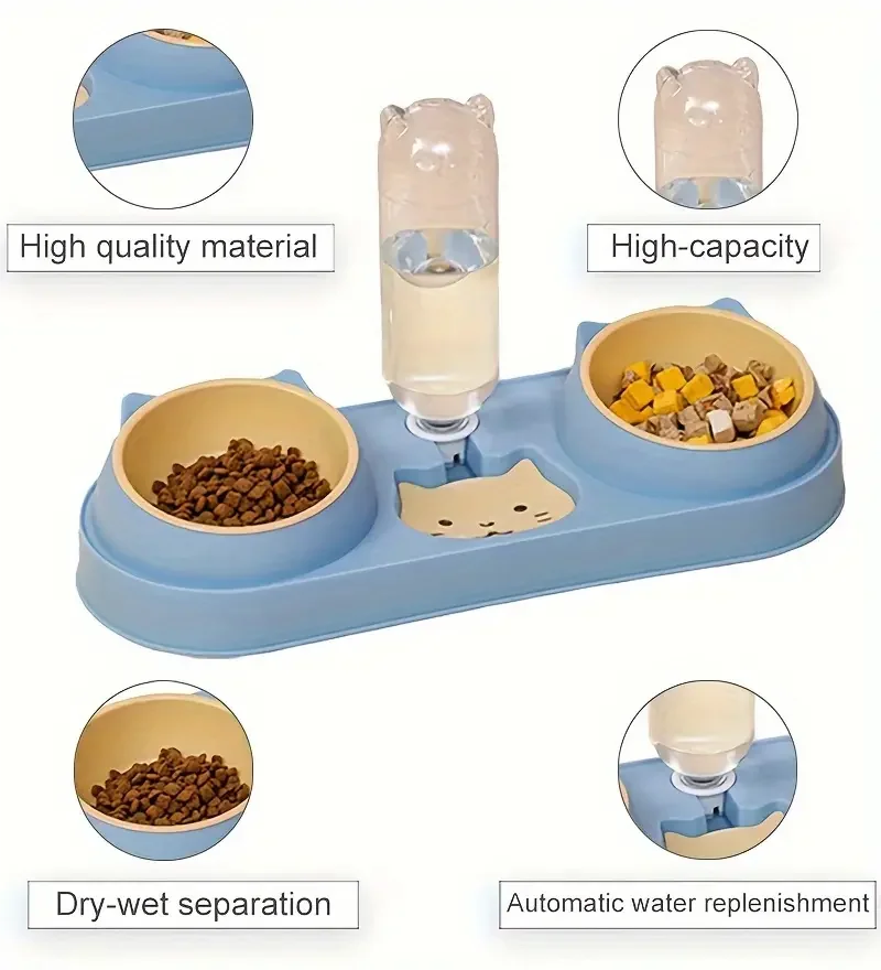 Cat Bowl With Automatic Water Food Bowl Anti Slip Anti Spill Neck Protective Pet Dish Set For Cats Dual BowlsFor Food & Water