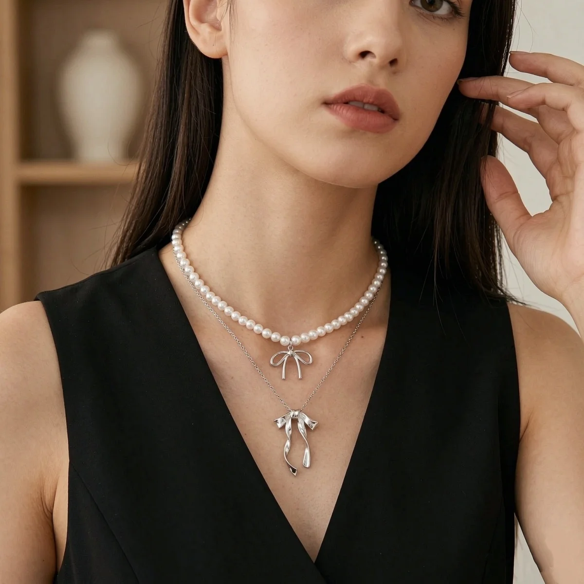 Süßer, cooler Stil Metallband-Schleife mit simulierten Perlenkette für Frauen, zierliche elegante Twist-Schleife Choker, ästhetischer Schmuck – Detail 7
