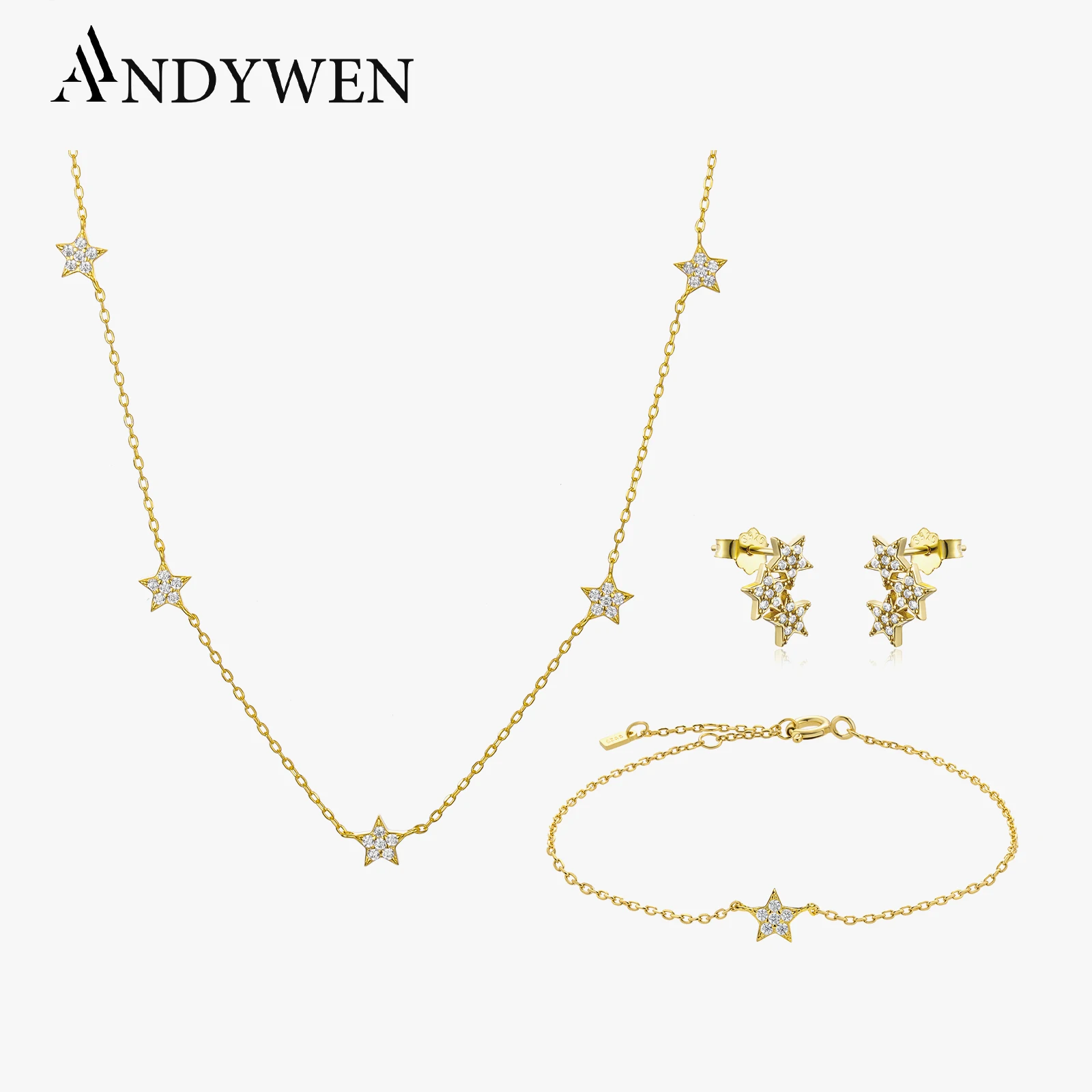 ANDYWEN 925 Sterling Silver  Gold Starry Sky Spakle Star Stud Earring Ring Bracelet Necklace Choker Chain Jewelry Set Wedding