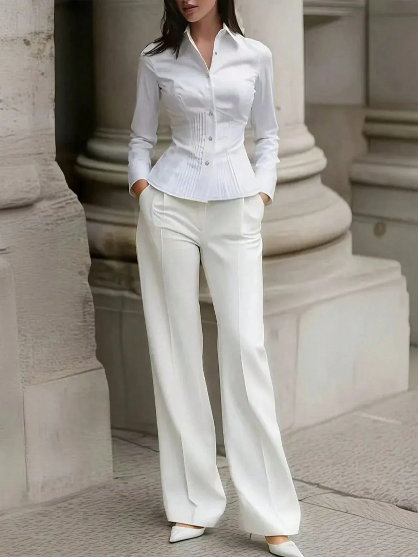

Elegant White Long Sleeve Button Up Blouse With Pleated Design Professional Minimalist Shirt
