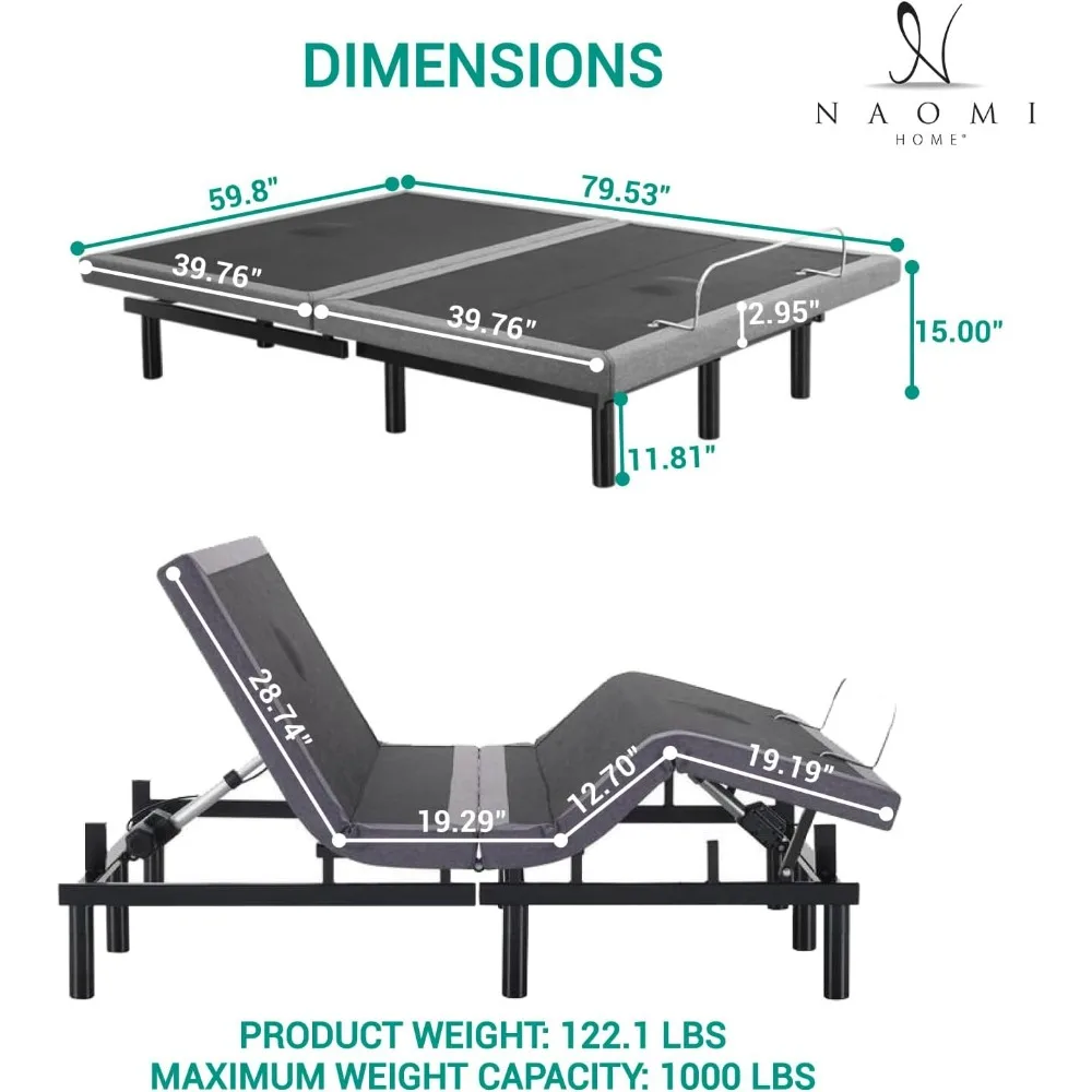 Cadre de lit Queen réglable avec support lombaire et inclinaison de la tête, inclinaison des pieds, massage du dos et des jambes, lit intelligent ergonomique sans gravité