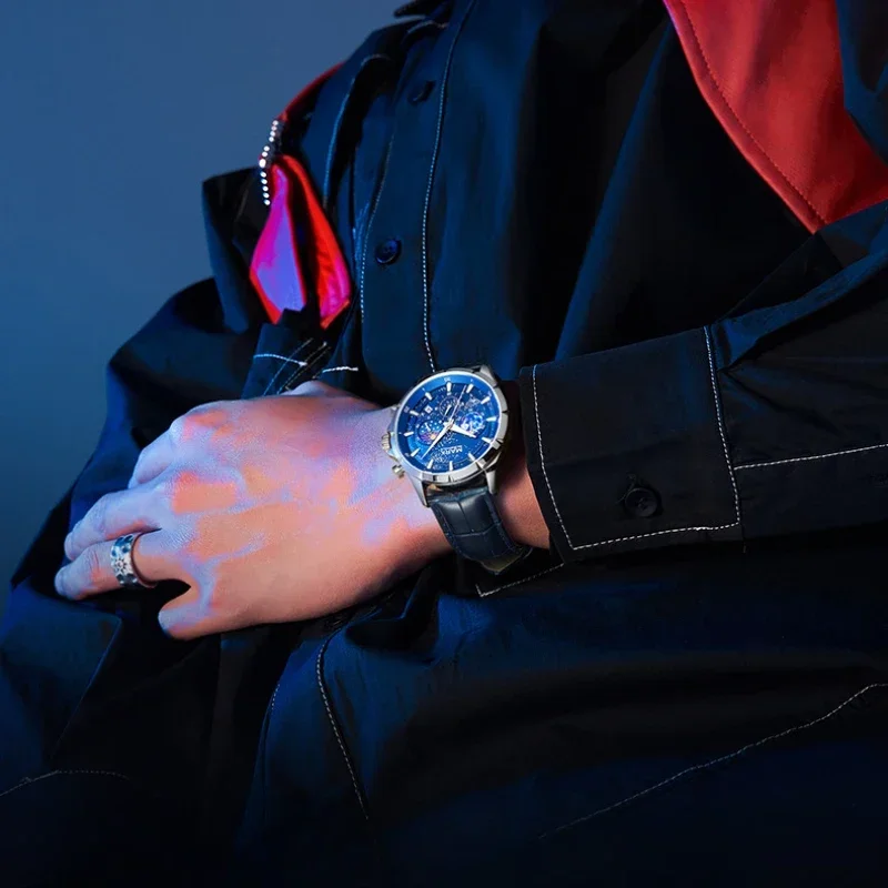 Man Multi Function Moon Phase Star Series Watch Men Leather Waterproof Luminous Automatic Quartz Watch