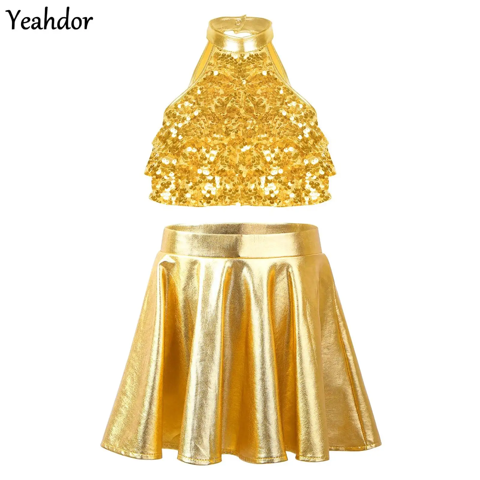 

Girls Sequin Street Jazz Dance Outfit Backless Tiered Sequin Crop Top with Metallic Ruffle Skirt Basketball Cheerleading Costume