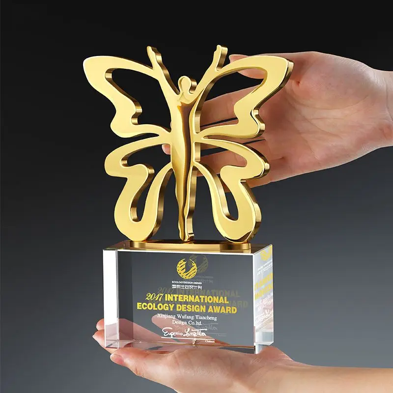 Customized Metal Butterfly Crystal Trophy, Excellent Employee Annual Meeting Award Competition Trophy Decor, Free Engraving, 1Pc