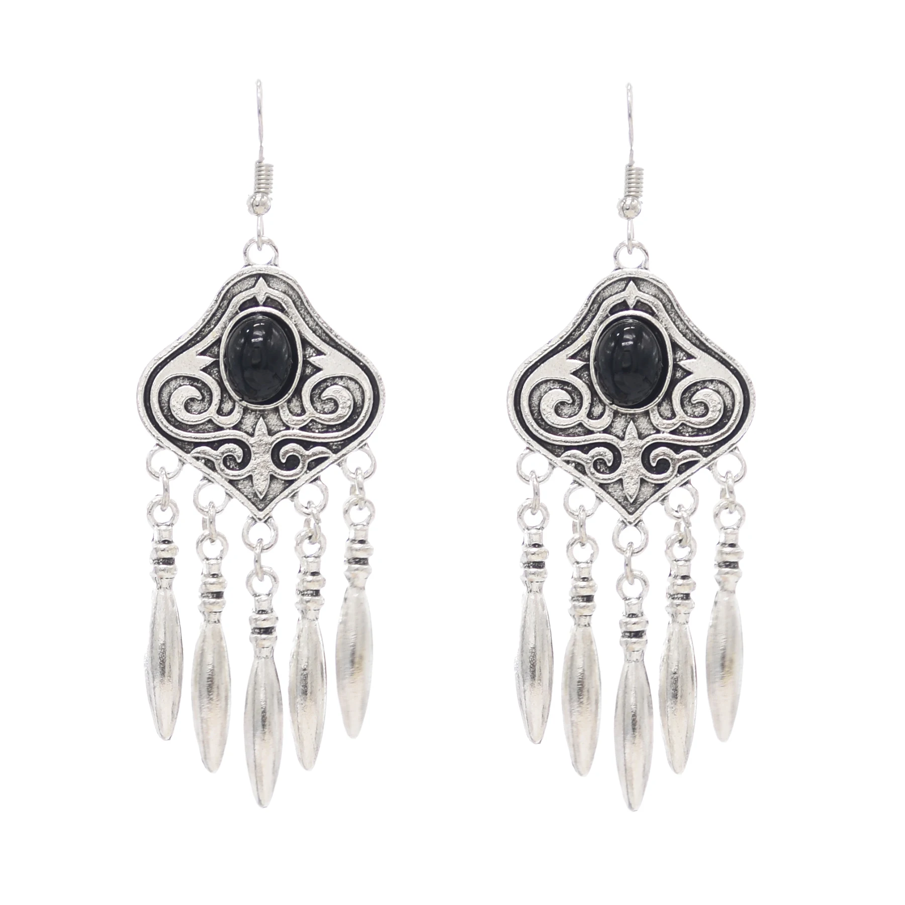 Indian Vintage Oxidized Silver Color Metal Drop Earrings for Women Boho Blue Black Stone Hanging Earring Party Gift Gypsy