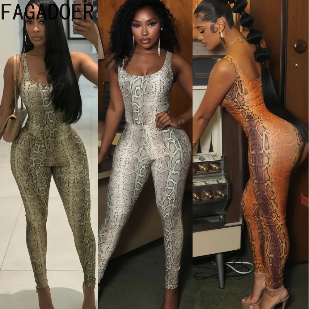 

FAGADOER Fashion Serpentine Print 2 Pieces Set Woman Outfits Sleeveless Backless Bodycon Bodysuits Top + Pants Female Streetwear