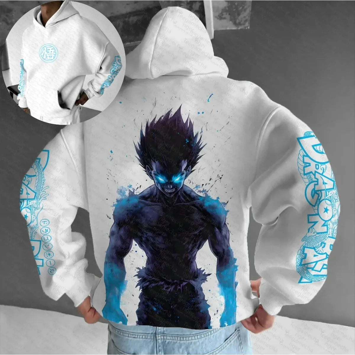Dragon Ball Trend Explosion Super Goku Kanji Go Anime Hoodie Men Blue Energy Circle Streetwear Fashion Casual Cosplay Sweater