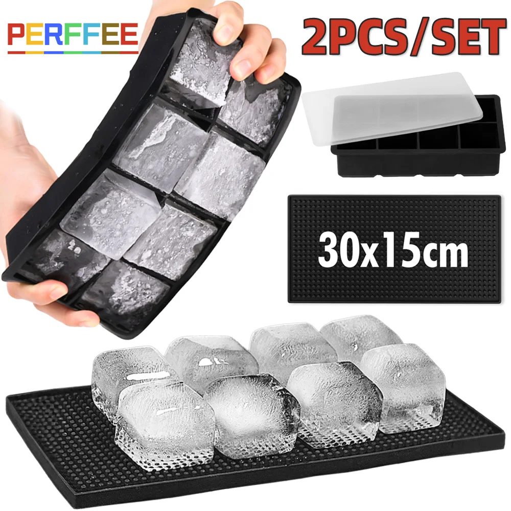 

2PCS Set 8-Grid Ice Cube Tray and Rubber Drying Mat Large Ice Mold with Lid Spill-proof Bar Mat for Cocktail Kitchen Accessories