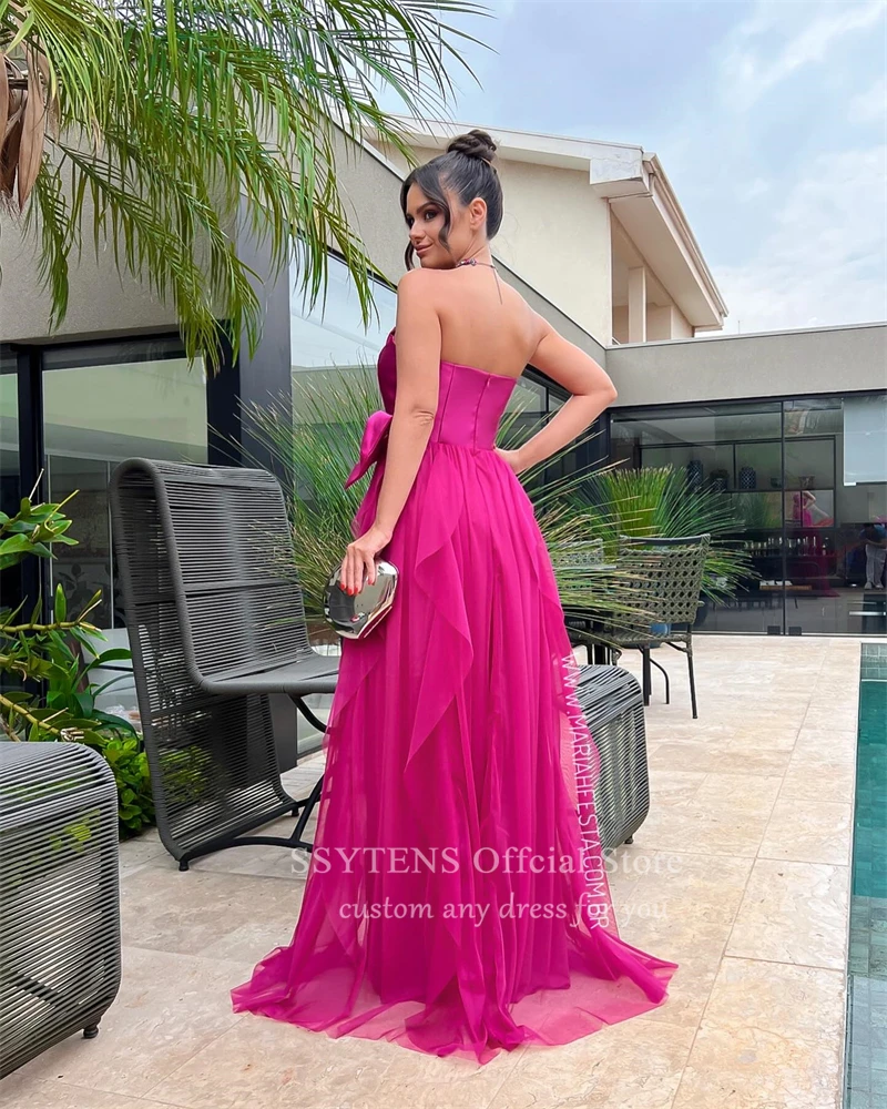 Vestido longo sem alças com laço para mulheres, vestidos de noite elegantes, festa formal, Dubai, luxo, rosa, Arábia Saudita