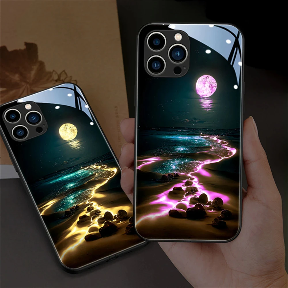 Cute Landscape Trend Voice Control LED Light Phone Case Back Cover For iPhone 15 14 13 12 11 Pro Max Mini X XS XR SE2020 Plus